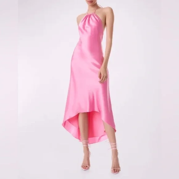 Alice + Olivia Pink Halter Dress Pink Satin High Low Slip Dress - Size 2 NWT